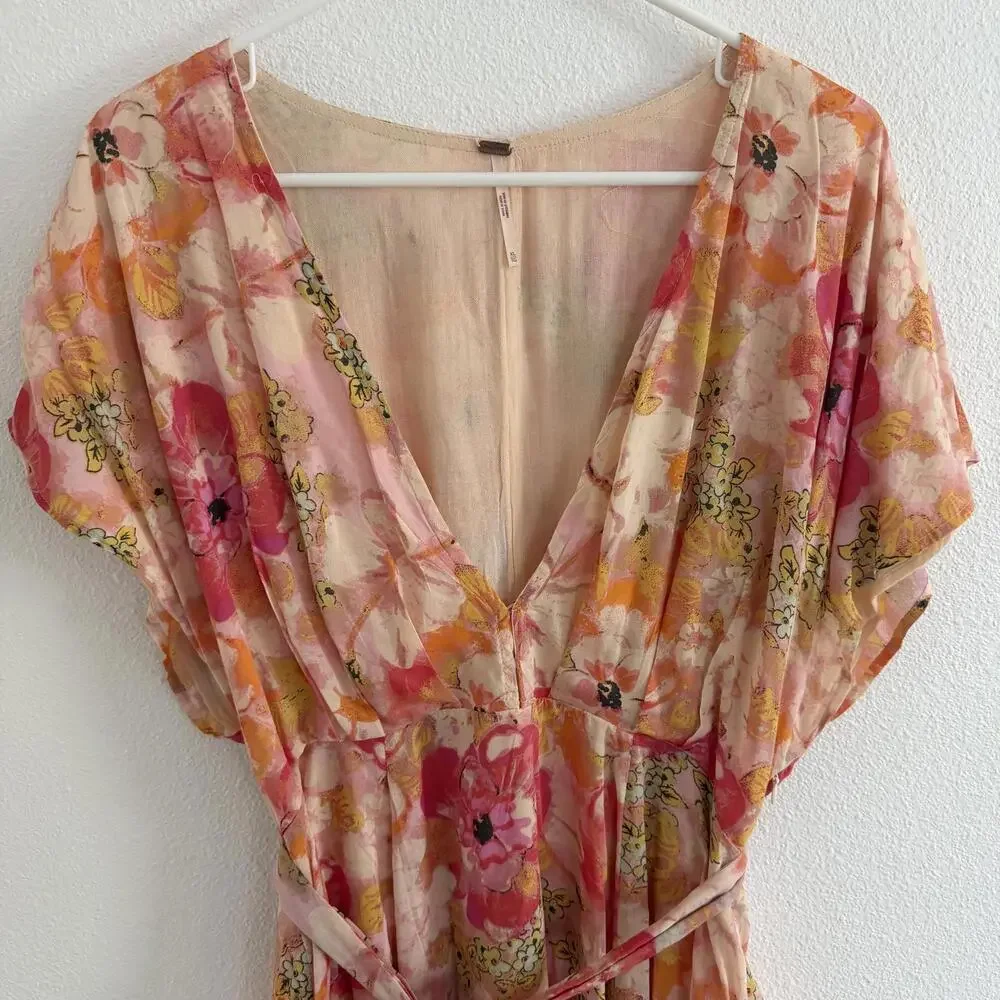 Free People Freddy Tie Mini Dress Floral Sz XL Pink Boho - Picture 3 of 7